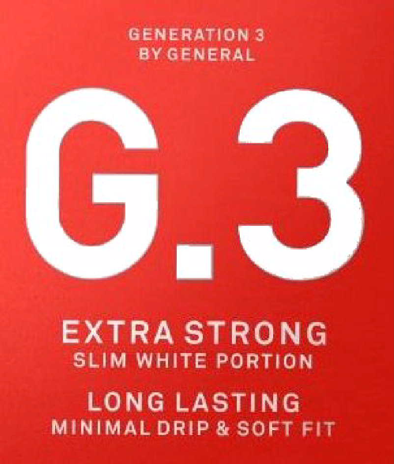 G.3 GENERATION 3 BY GENERAL EXTRA STRONG SLIM WHITE PORTION LONG LASTING MINIMAL DRIP & SOFT FIT