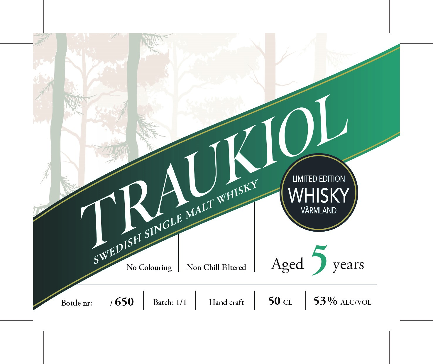TRAUKIOL SWEDISH SINGLE MALT WHISKY LIMITED EDITION WHISKY VÄRMLAND Aged 5 years No Colouring Non Chill Filtered Bottle nr: /650 Batch: 1/1 Hand craft 50 CL 53% ALC/VOL